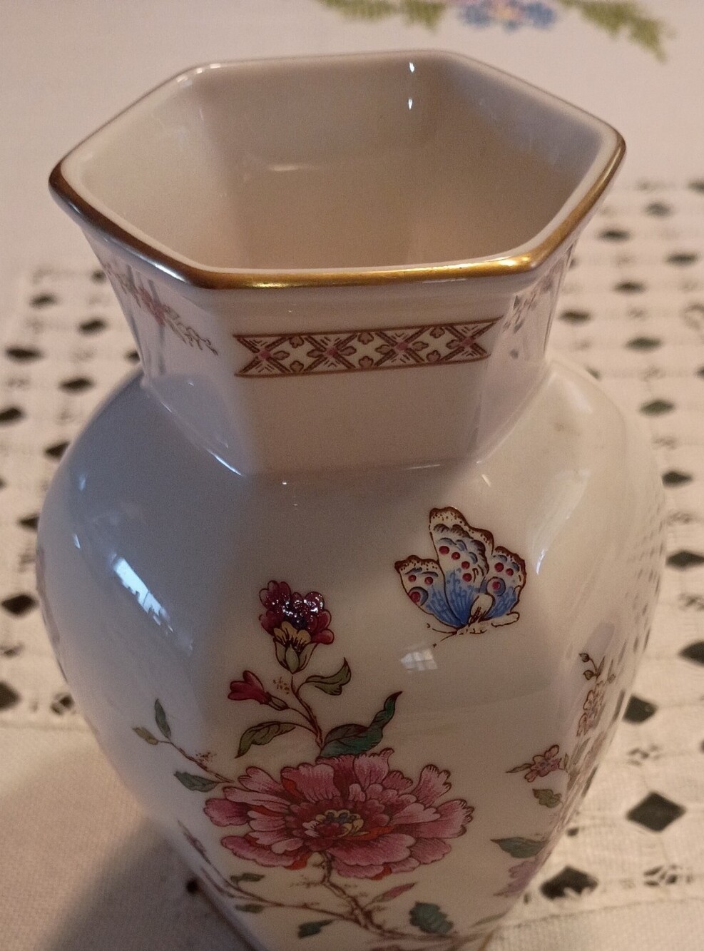 Gorham White Porcelain Vase with Pink Floral and Blue Butterfly Accents